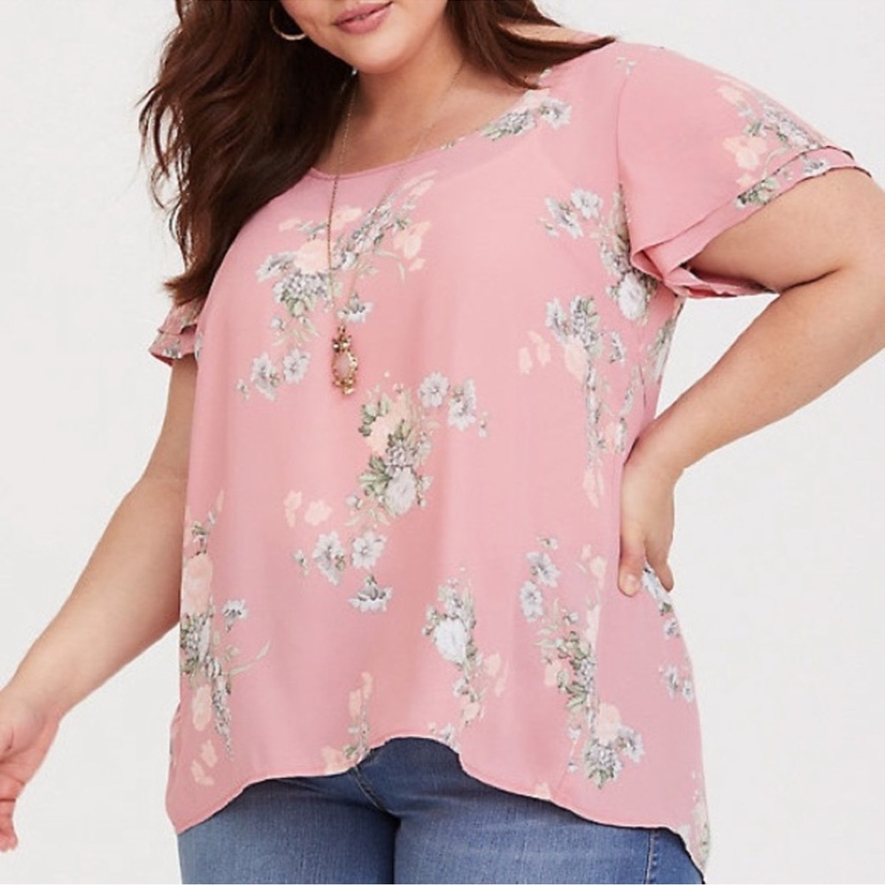 TORRID Floral Flutter Sleeve Georgette Blouse Size-1 Pink EUC!